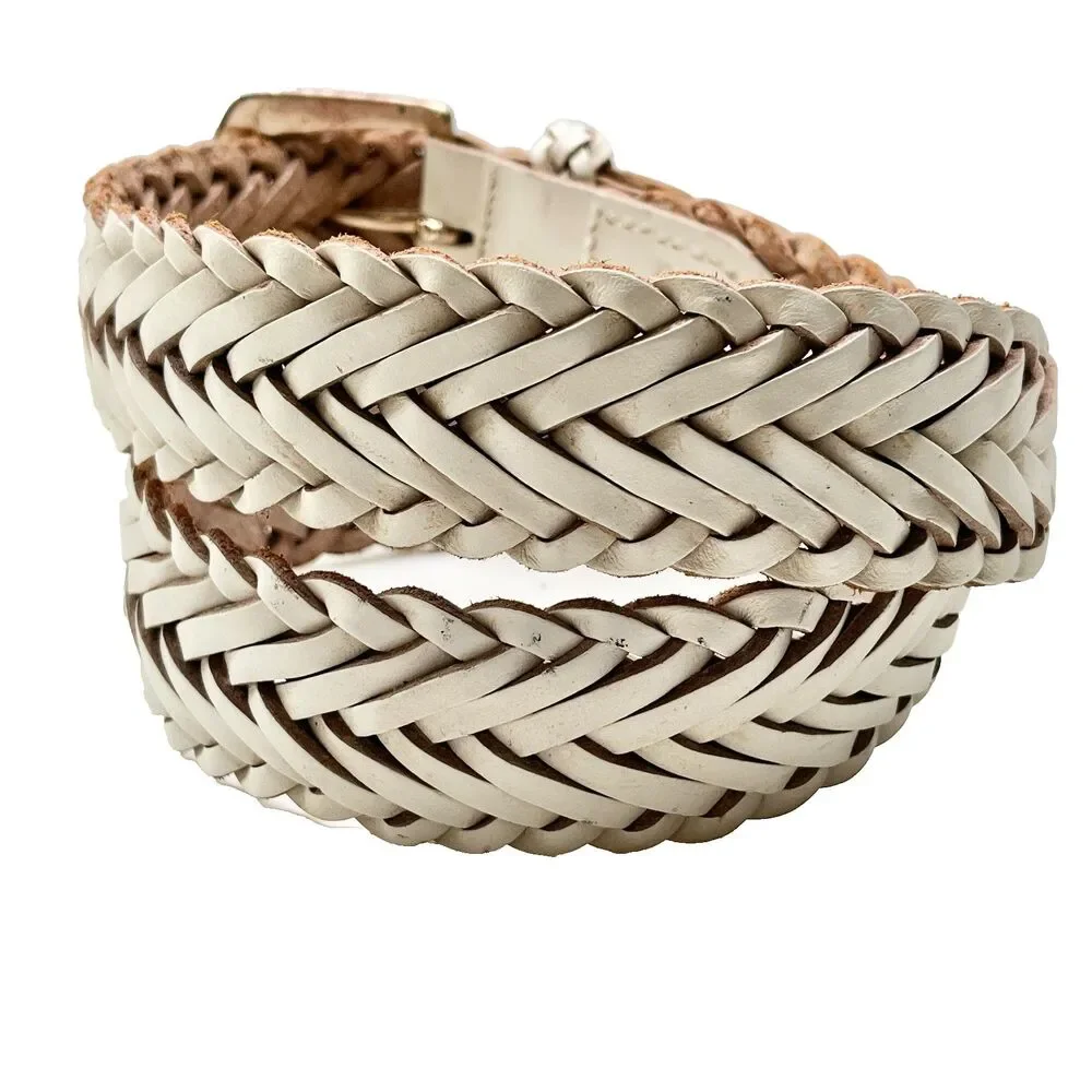 Vintage Brighton White Braided Leather Weave Belt Size S M Womens Brass Made USA